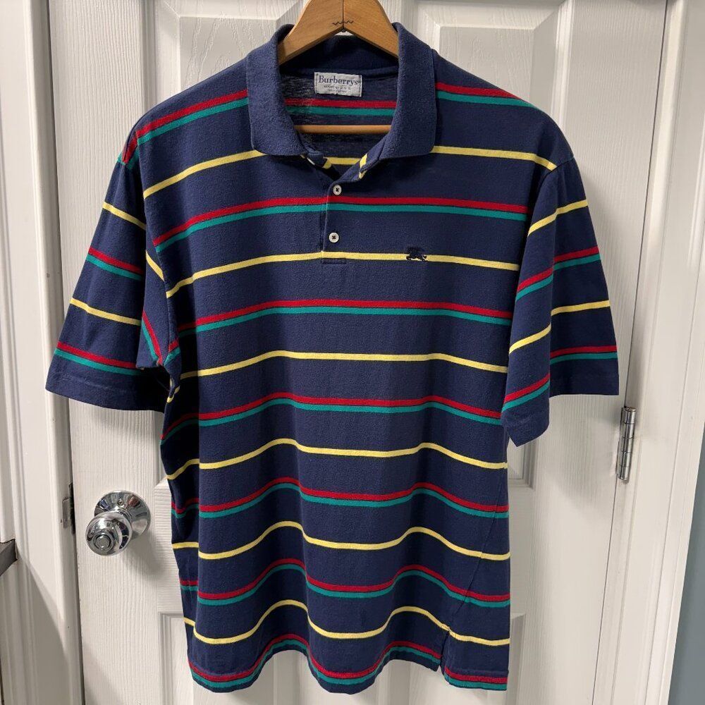 Vintage 90s Burberry Made In USA Navy Yellow Green Red Striped Polo Shirt - XL